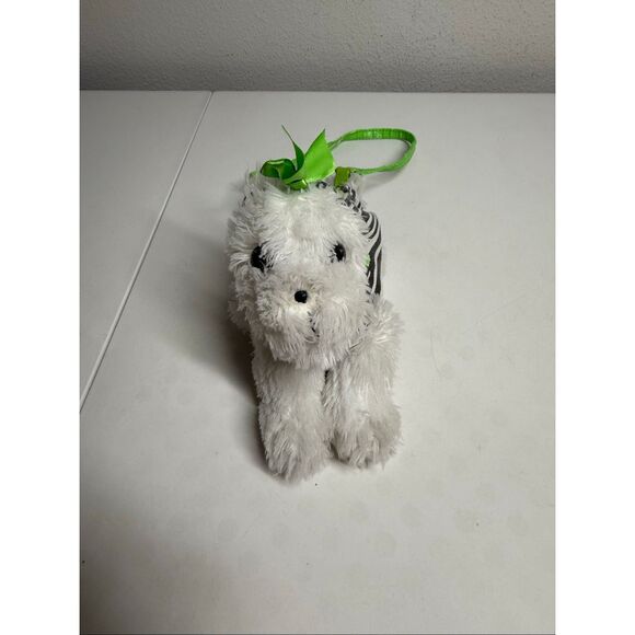 Girls Retro Hippie Dog Peace Sign White Fuzzy Dog Purse Zebra Stripe Retro Decor - Picture 7 of 8